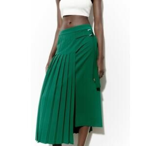 Zara Large Green Belted Pleated Midi Skirt Limited Edition Asymmetrical